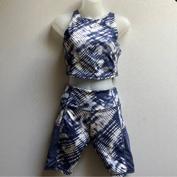 Joe Fresh Blue Tie-Dye Activewear Set Women’s Workout Crop Top & Shorts Sz S - Picture 1 of 11